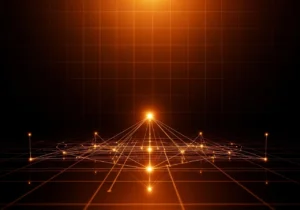 Imagem conceitual representando posicionamento de marca no mercado. Fundo escuro com grade técnica sutil e iluminação laranja intensa criando profundidade e destaque. No centro, um ponto luminoso maior conectado por linhas a outros pontos menores, simbolizando autoridade e centralidade no mercado. Elementos abstratos que transmitam estratégia, clareza e construção de percepção. Estilo sofisticado, tecnológico, minimalista, corporativo. Sem textos, sem pessoas, sem logotipos. Proporção 16:9, alta qualidade, atmosfera premium.