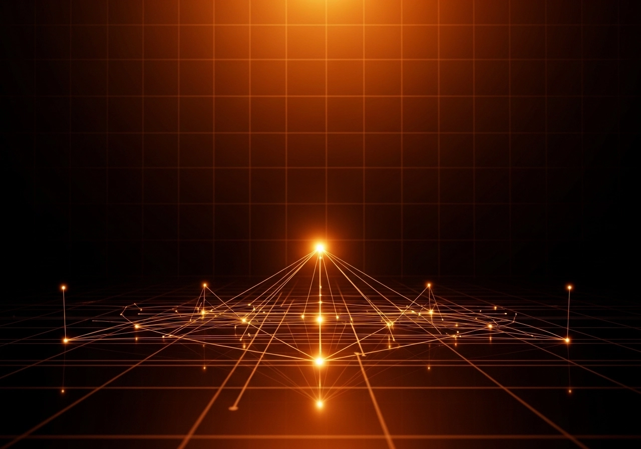 Imagem conceitual representando posicionamento de marca no mercado. Fundo escuro com grade técnica sutil e iluminação laranja intensa criando profundidade e destaque. No centro, um ponto luminoso maior conectado por linhas a outros pontos menores, simbolizando autoridade e centralidade no mercado. Elementos abstratos que transmitam estratégia, clareza e construção de percepção. Estilo sofisticado, tecnológico, minimalista, corporativo. Sem textos, sem pessoas, sem logotipos. Proporção 16:9, alta qualidade, atmosfera premium.